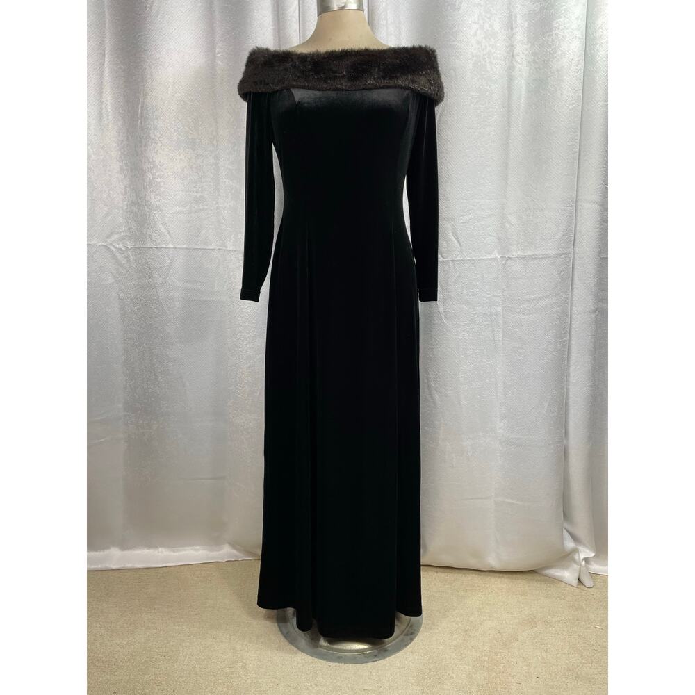 🔥Vintage Cache Black Velvet Faux Fur Off The Shoulder Maxi Dress 16 Glam Goth